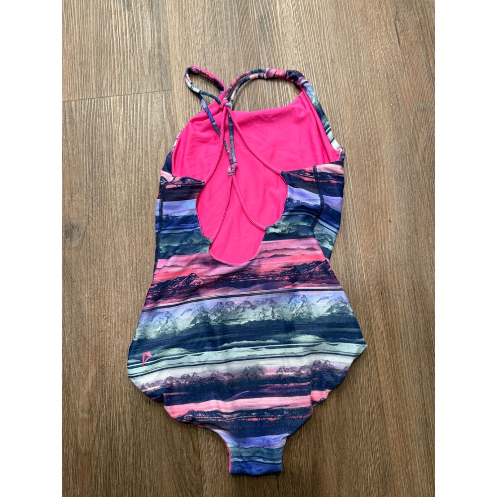 Ivivva Reversible One Piece Swimsuit Mountain Print Neon Pink Strappy Back‎